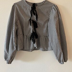 SHEIN Black and White Checkered Blouse with Bow Accents